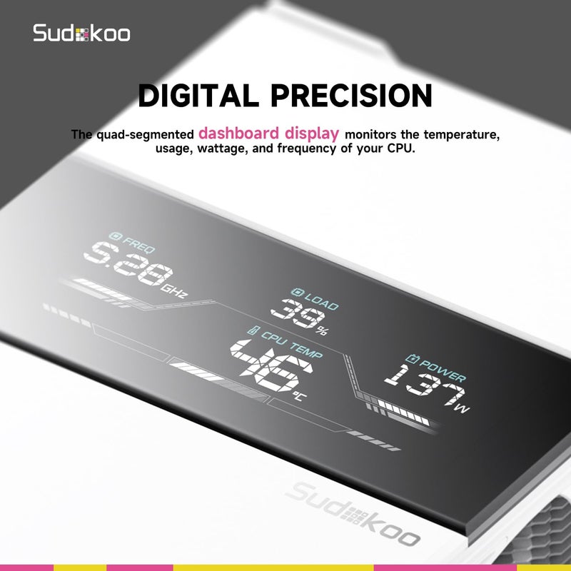 Sudokoo مبرد وحدة المعالجة المركزية SK700V الأبيض AM5: مبرد هواء لوحدة المعالجة المركزية مع 7 أنابيب حرارية وعرض رقمي حصري لـ AM5 - تبريد PC ببرج واحد مع مروحة هادئة FDB PWM بحجم 120 مم وتركيب قفل L-Rail - Image 3